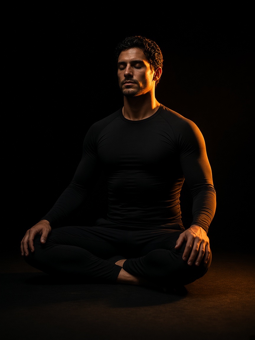 Man seated on a dark floor, breathing